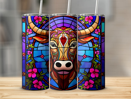 Stained glass bull design on three tumblers with floral accents.