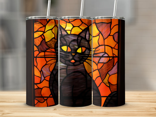 Black cat with yellow eyes on a stained-glass background.