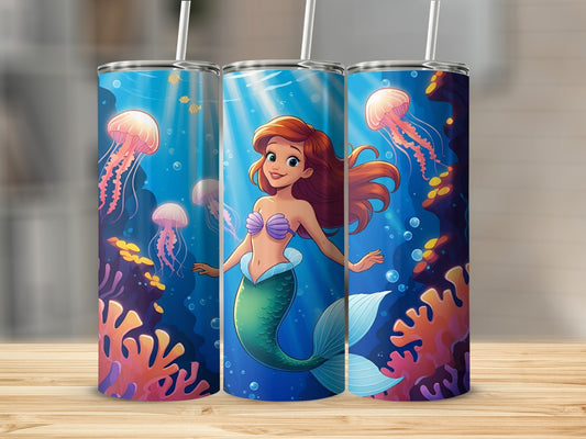 Ariel the mermaid swims with jellyfish and coral in a vibrant underwater scene.