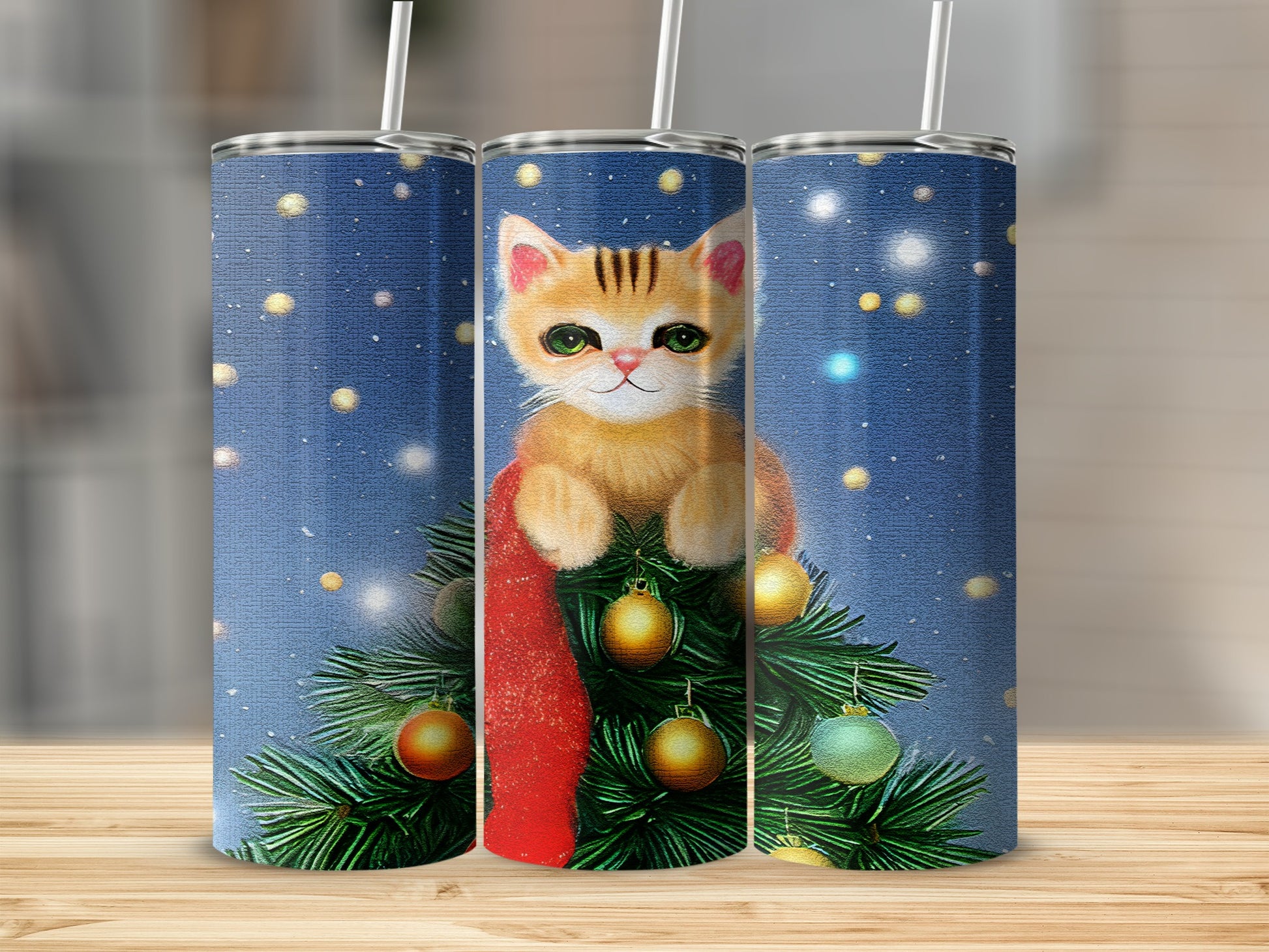 Christmas tree with a kitten, ornaments, and red ribbon.