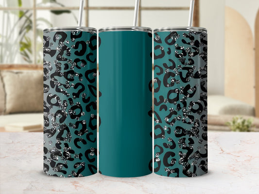 Teal tumbler with black and silver leopard print design.