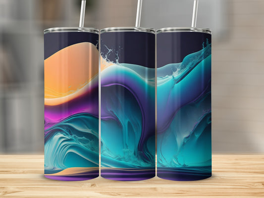 Three tumblers with swirling abstract art of teal, purple, and orange.