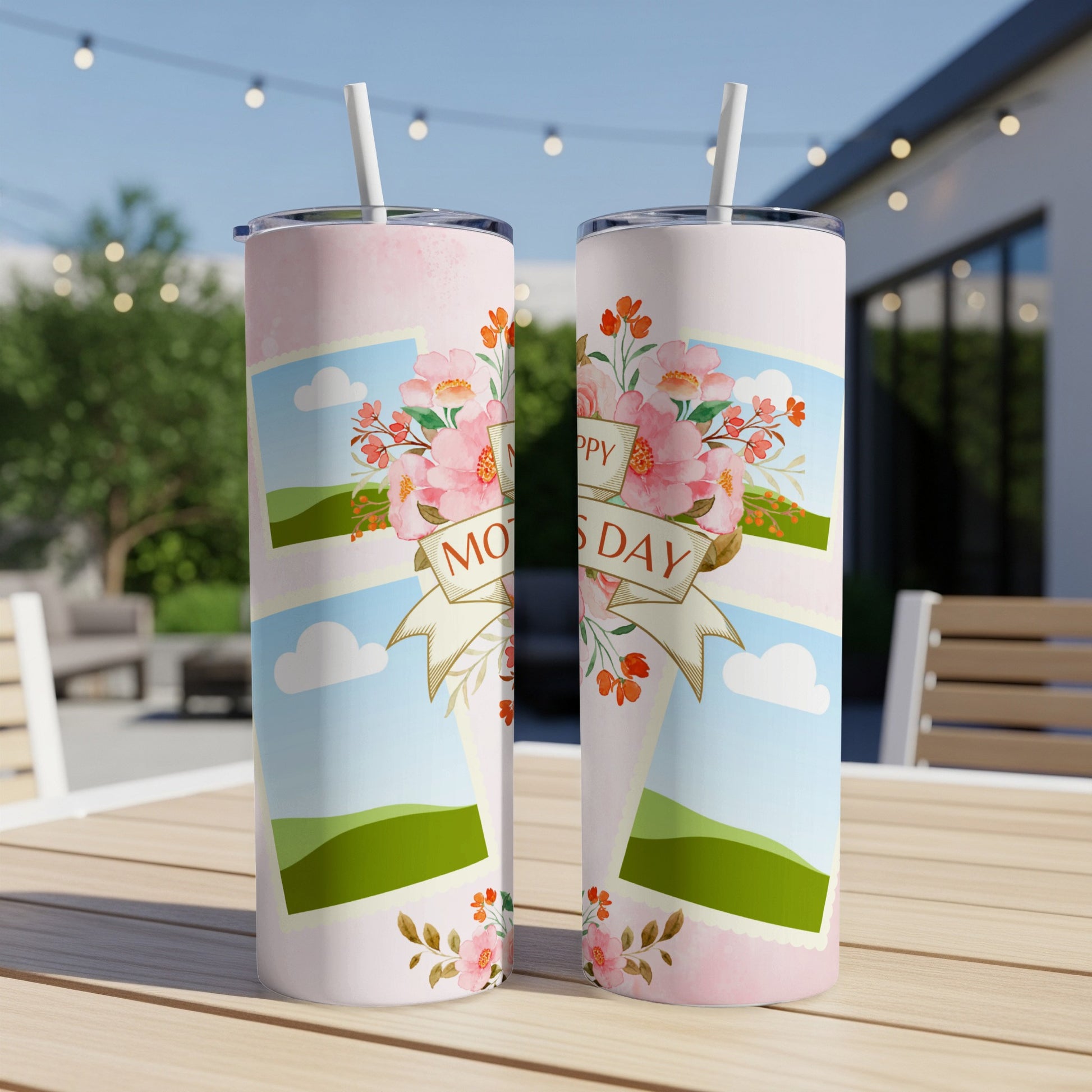 Two skinny tumblers with a "Happy Mother's Day" floral design and photo frame motifs.