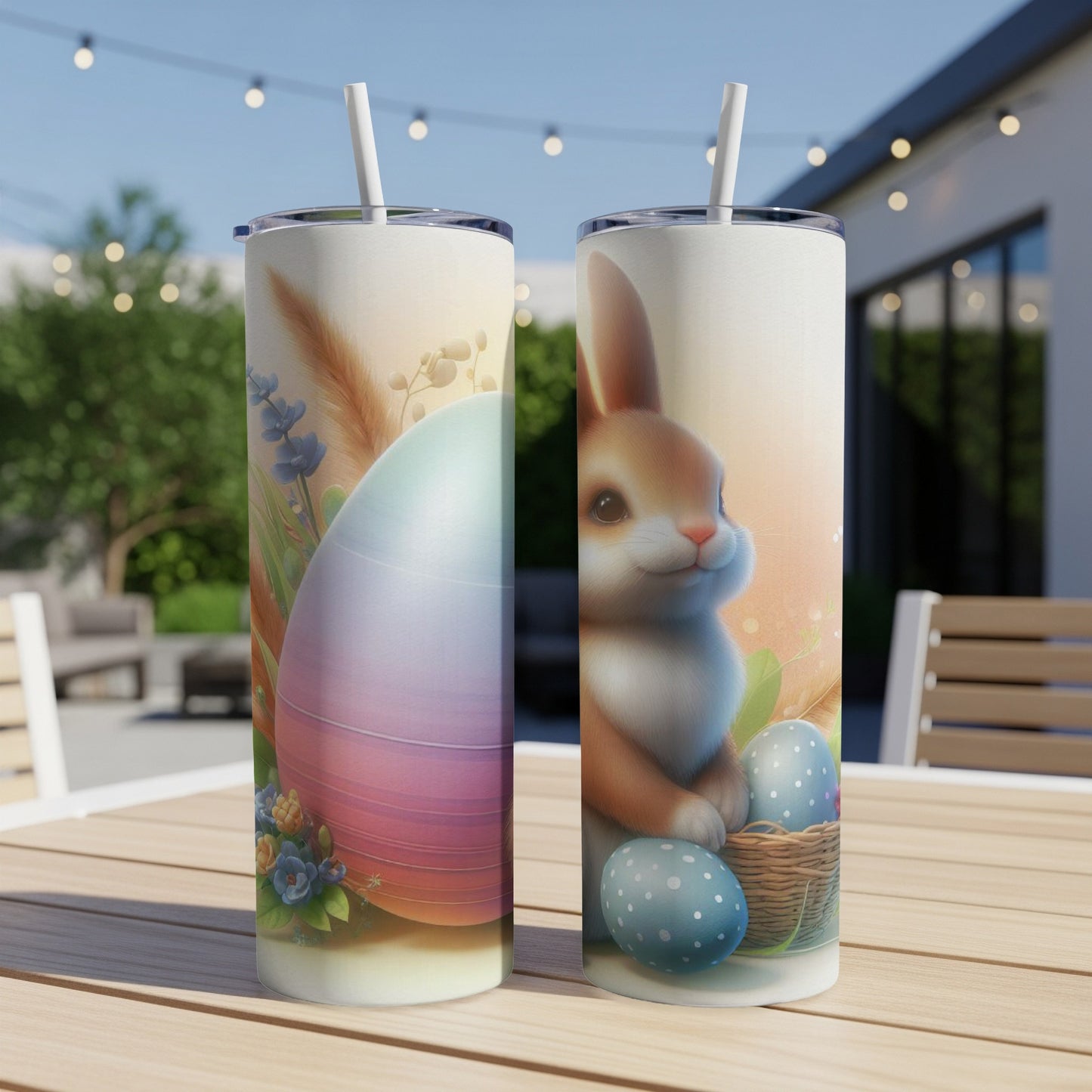 Easter bunny and decorated eggs on a rustic tumbler.