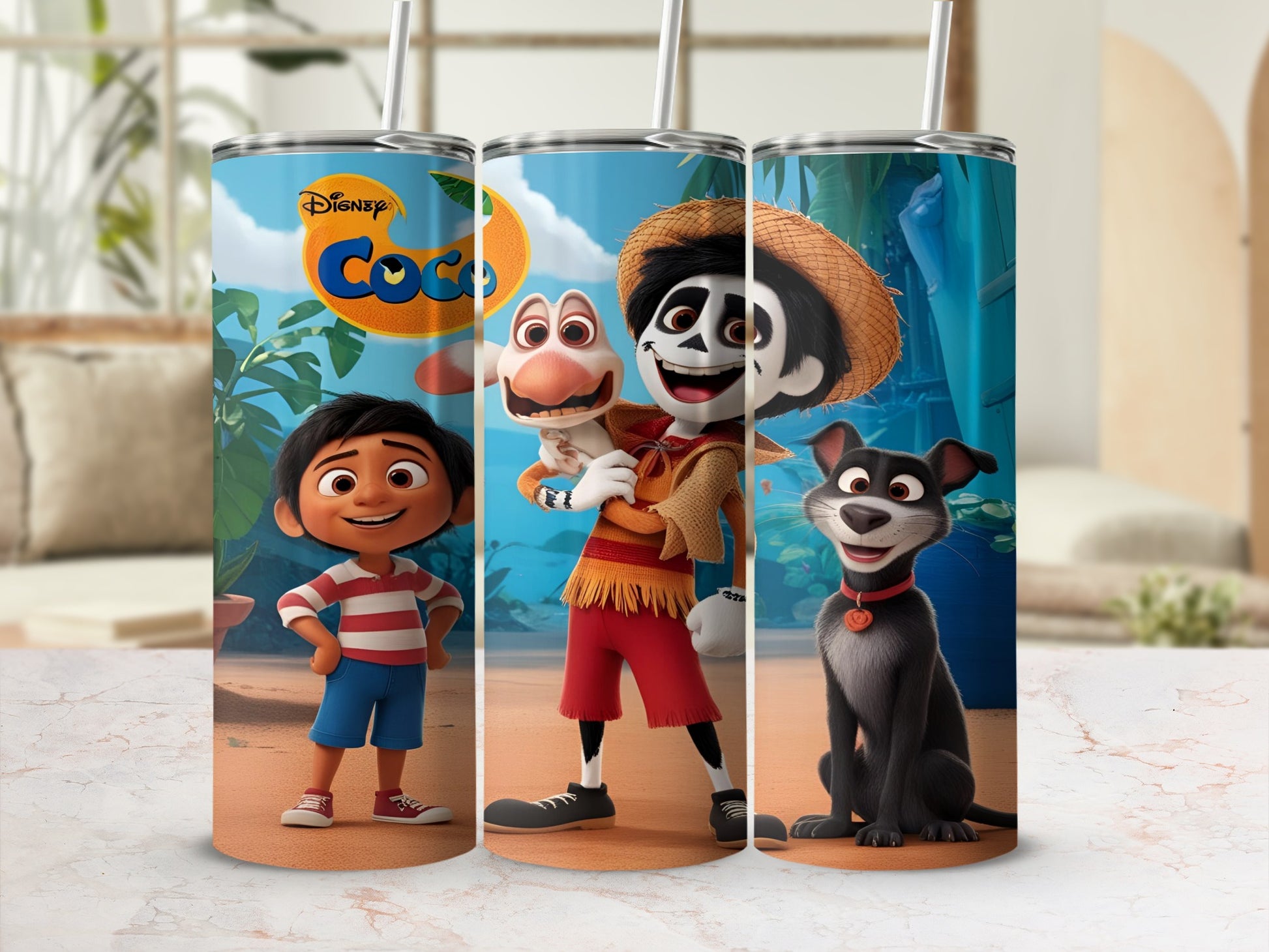 Disney Coco characters Miguel, Hector, Dante, and Chicharrón on a tumbler.