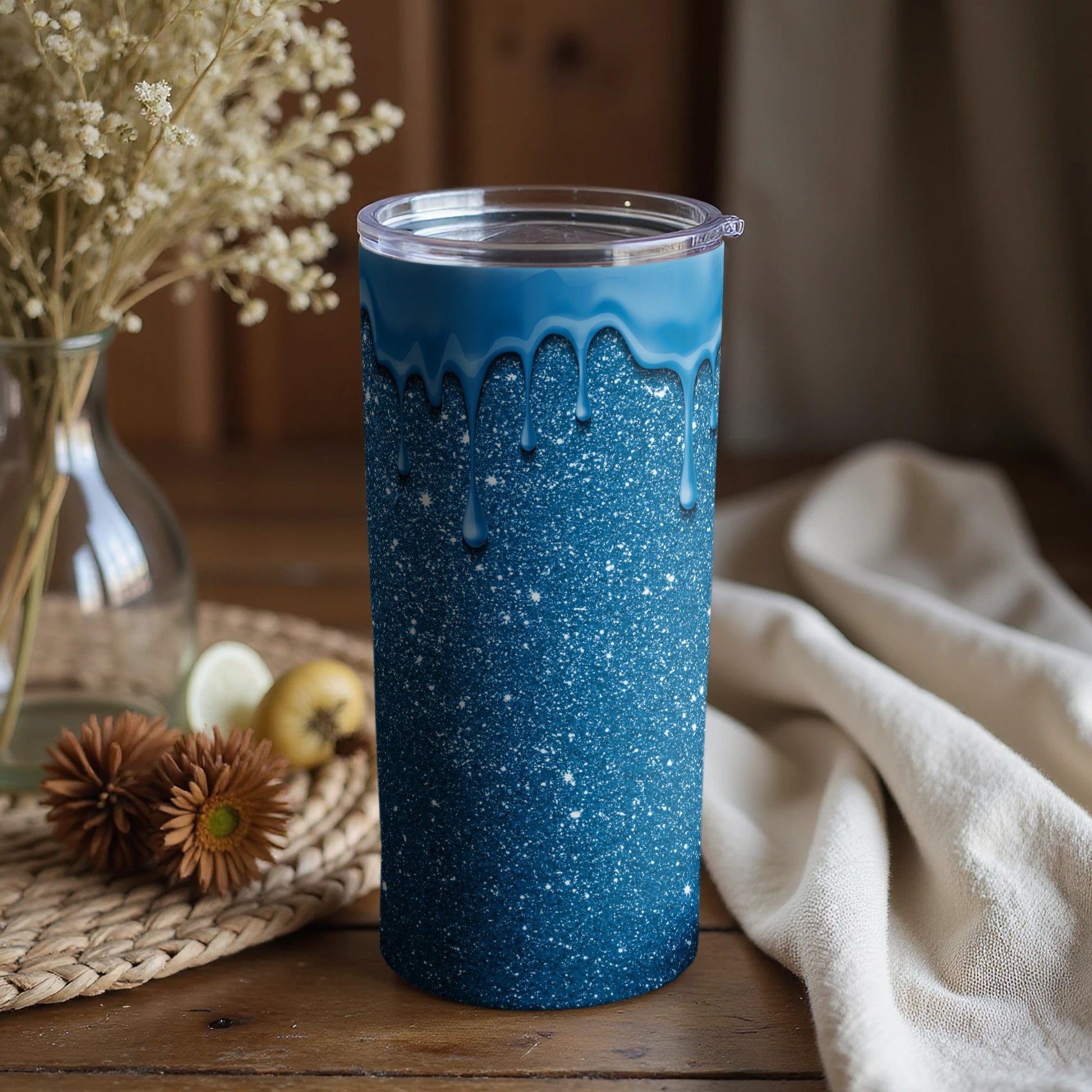 Blue Glitter Tumbler with Dripping Detail Design