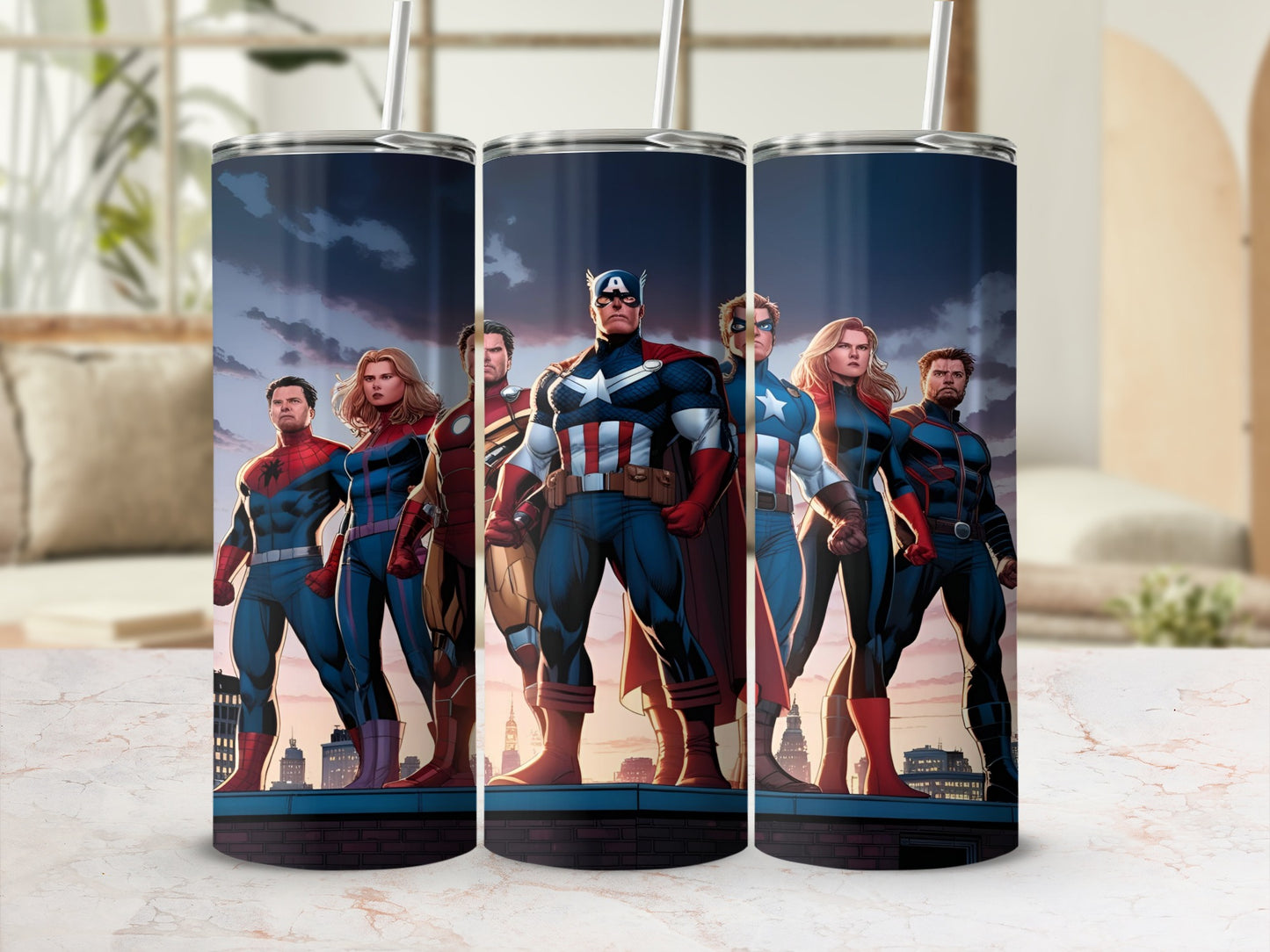 Avengers standing on city rooftops with blue sky background