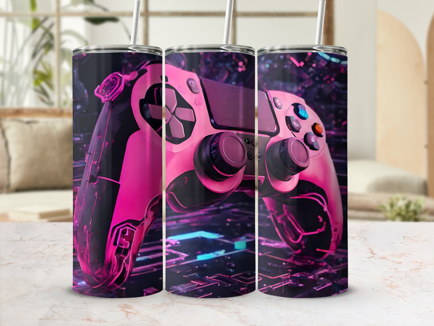 Pink video game controller with neon circuit board background.