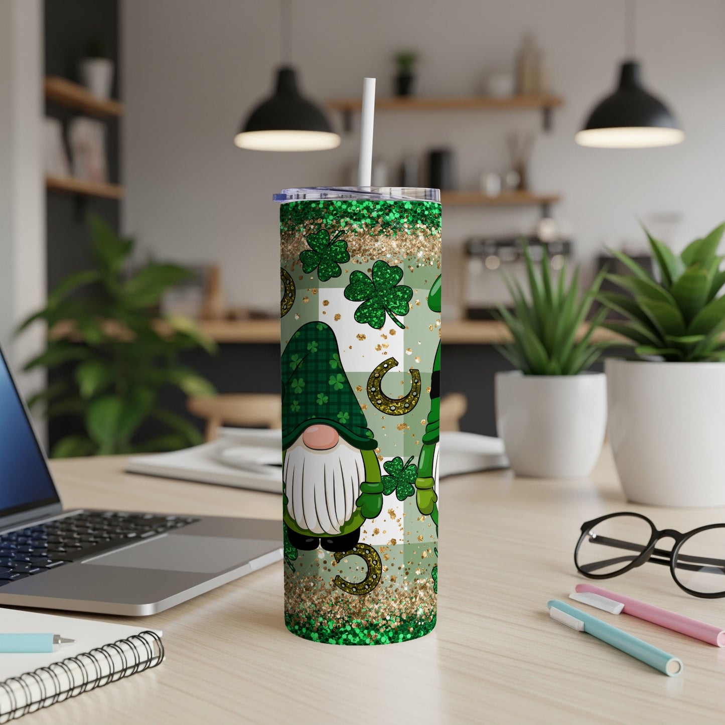 Green gnome and shamrocks on a glittery St. Patrick's Day tumbler with straw.