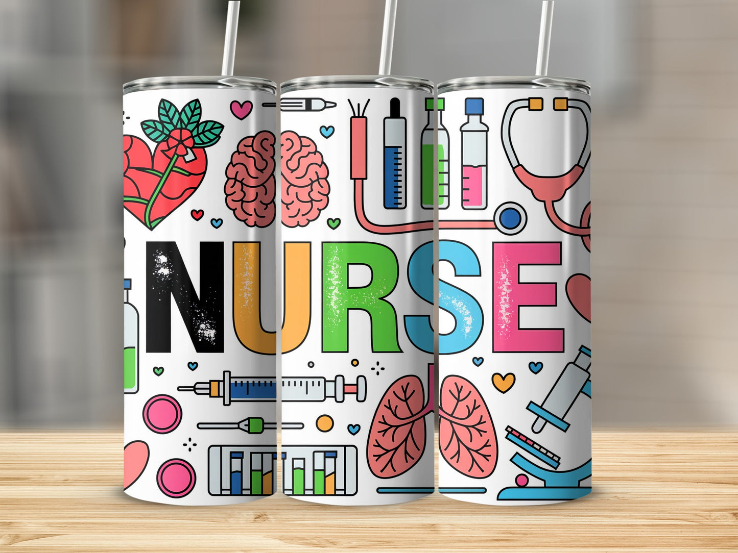 Three tumblers decorated with medical symbols and the word "NURSE".
