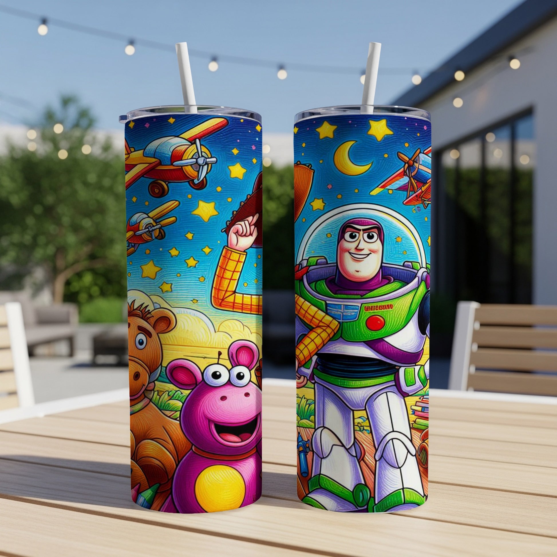 Buzz Lightyear and friends on a colorful, starry background.