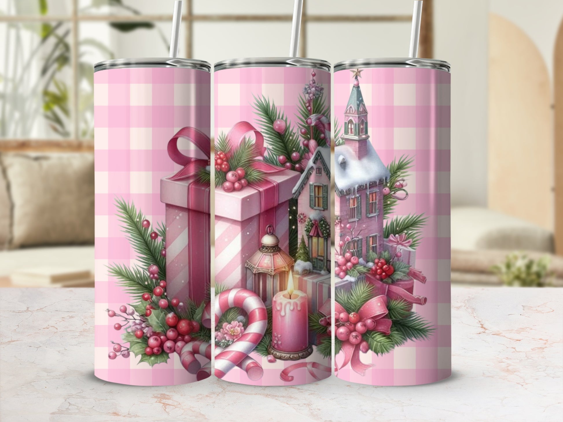 Pink Gingham Christmas Tumbler with Holiday Scene
