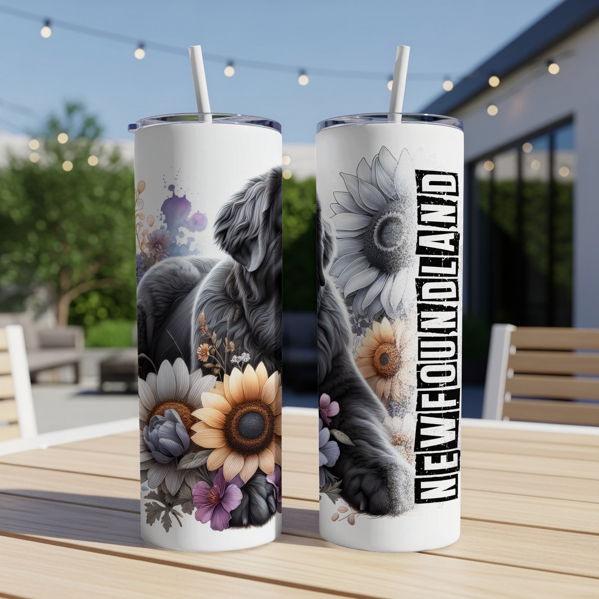Black Newfoundland dog with flowers and "Newfoundland" text on a skinny tumbler.