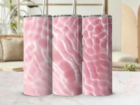 Three pink gradient tumblers with water ripple texture and straws.