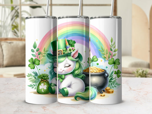 St. Patrick's Day unicorn with rainbow, gold coins, and pot of gold.
