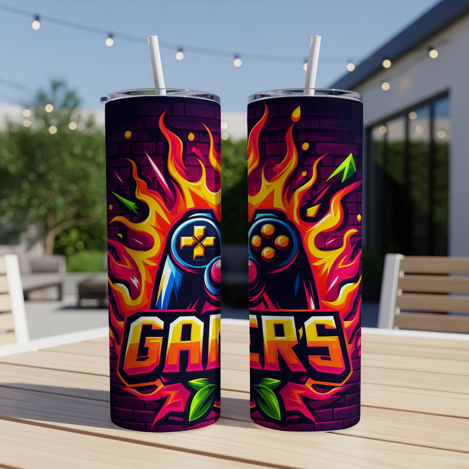 Two tumblers with a "Gamers" logo and controller on a brick background.