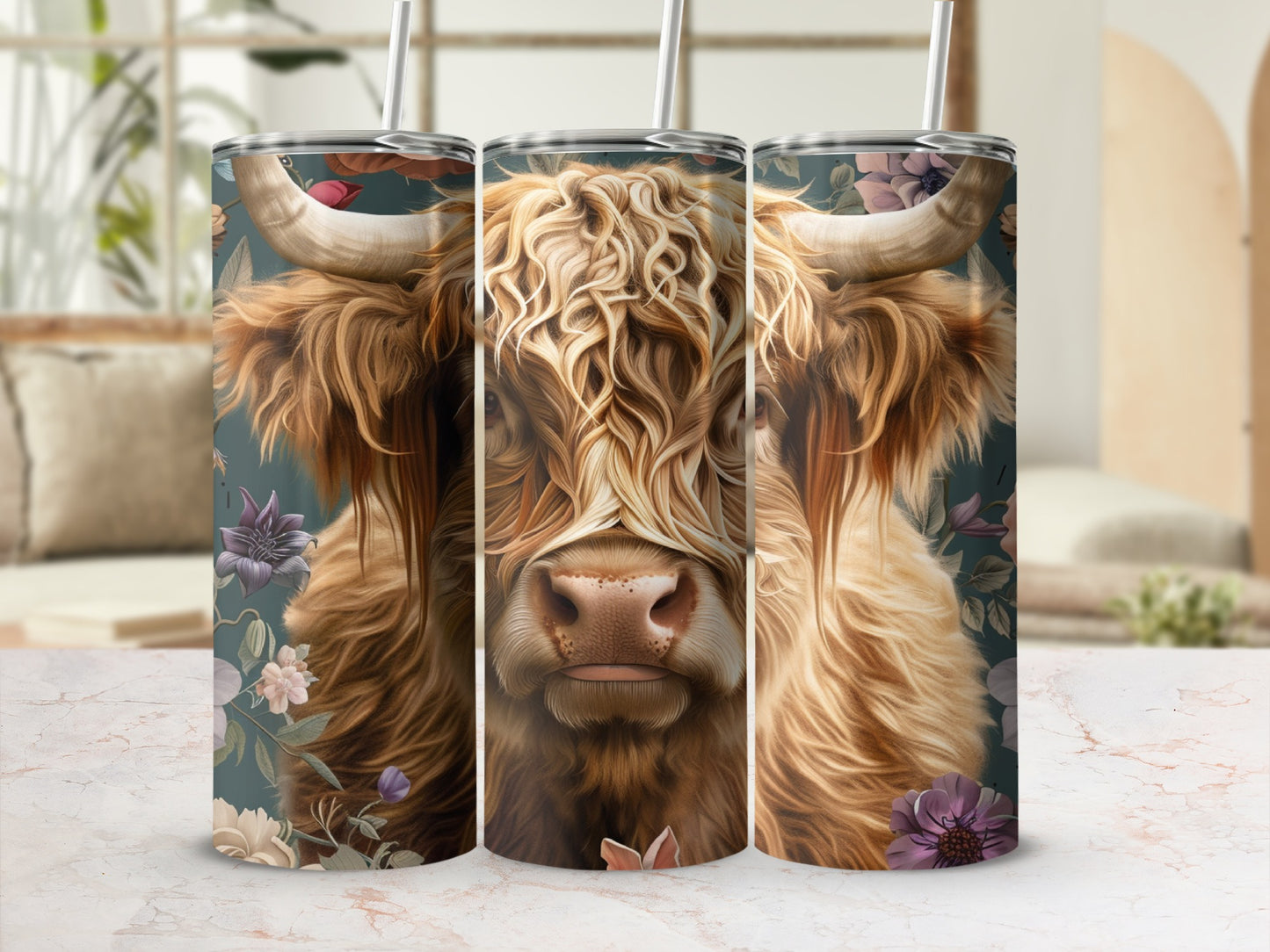 Highland cow with floral accents on a tumbler.
