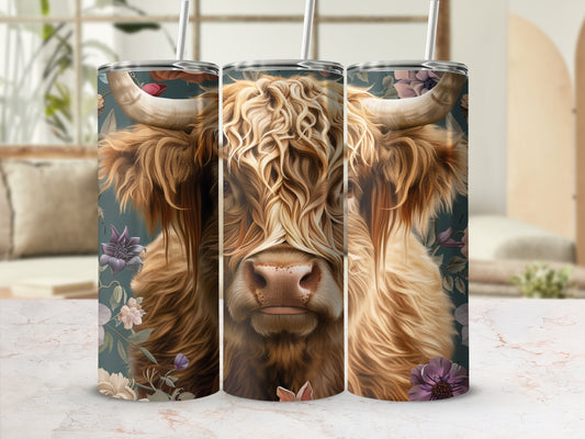 Highland cow with floral accents on a tumbler.