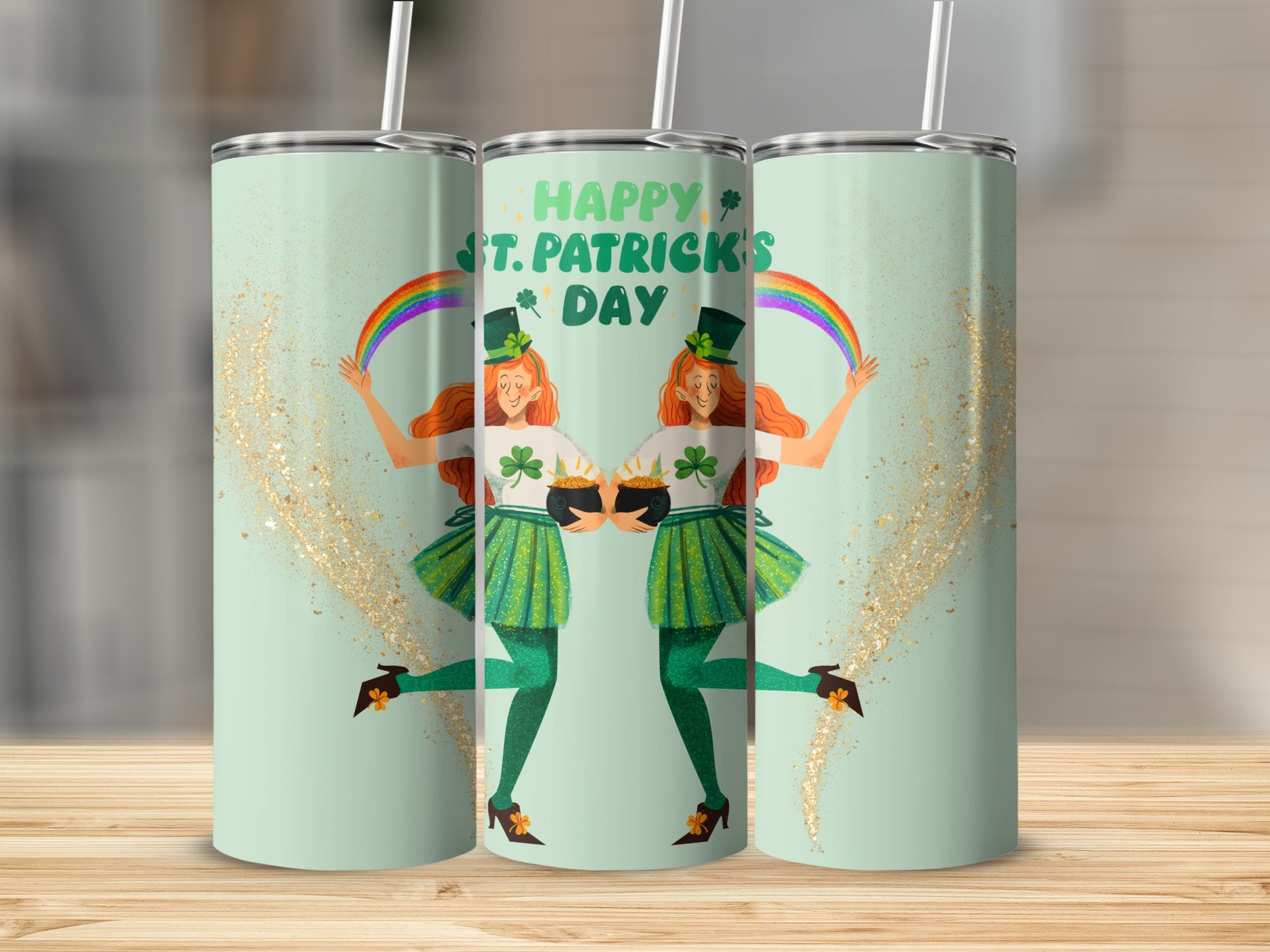 St. Patrick's Day tumbler with leprechauns, pots of gold, and rainbow.