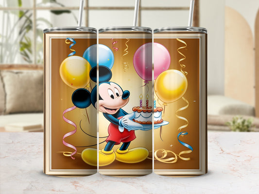 Mickey Mouse holding a birthday cake with balloons and confetti.