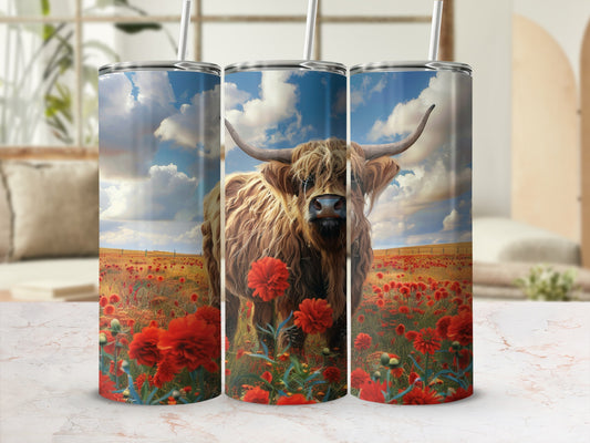 Highland cow in a field of red flowers under a cloudy sky.