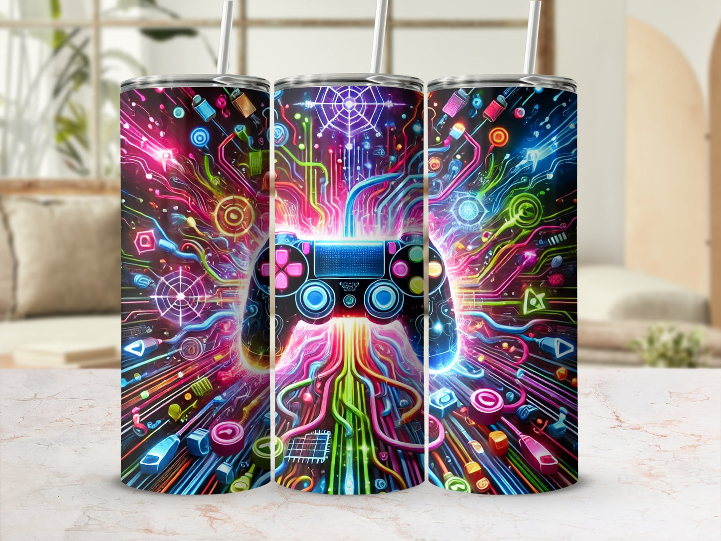Colorful digital art of a video game controller with glowing circuits and wires.