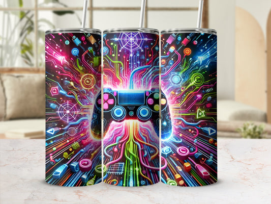 Colorful digital art of a video game controller with glowing circuits and wires.