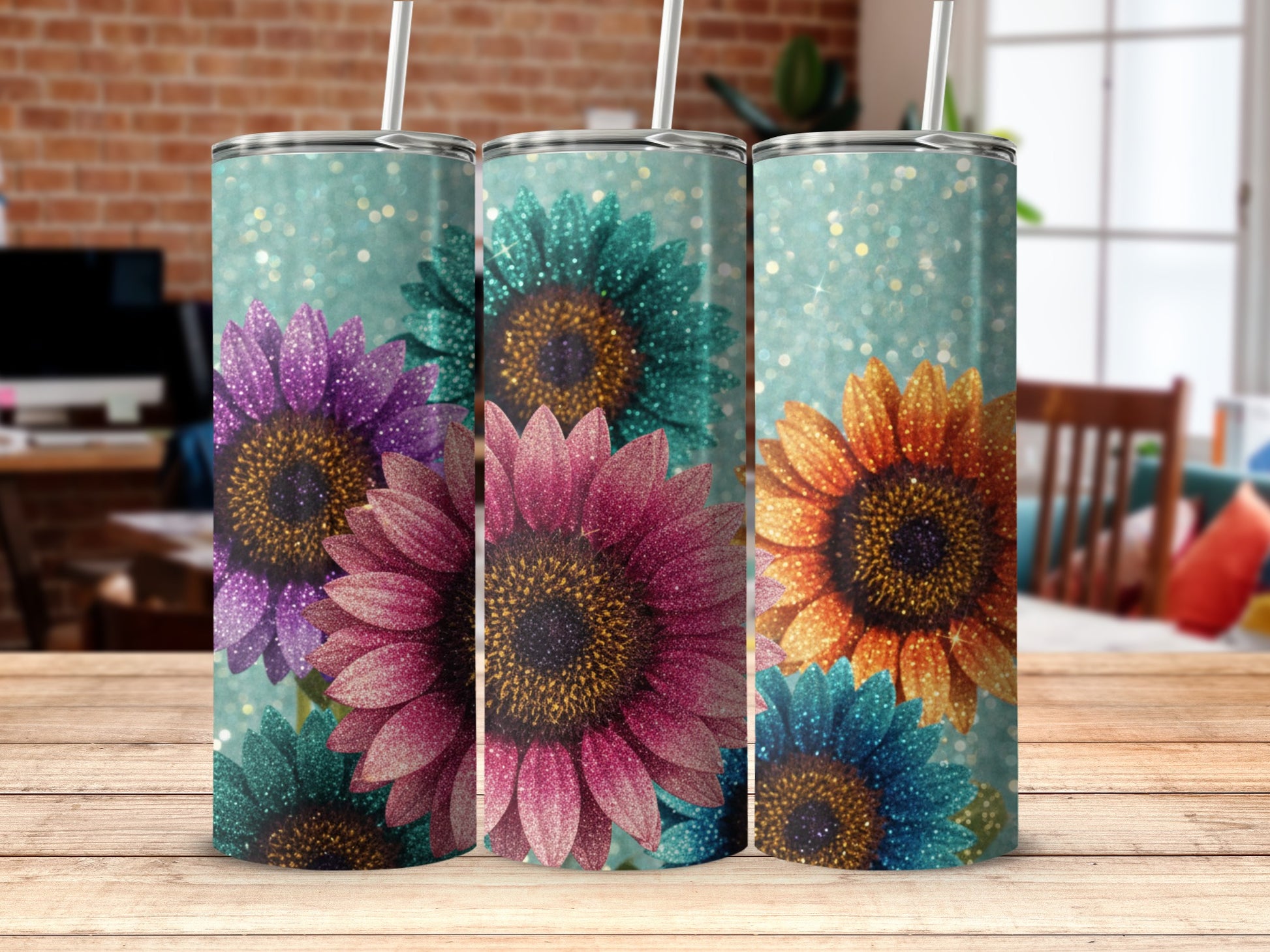 Colorful Sparkling Sunflower Design Tumbler Product