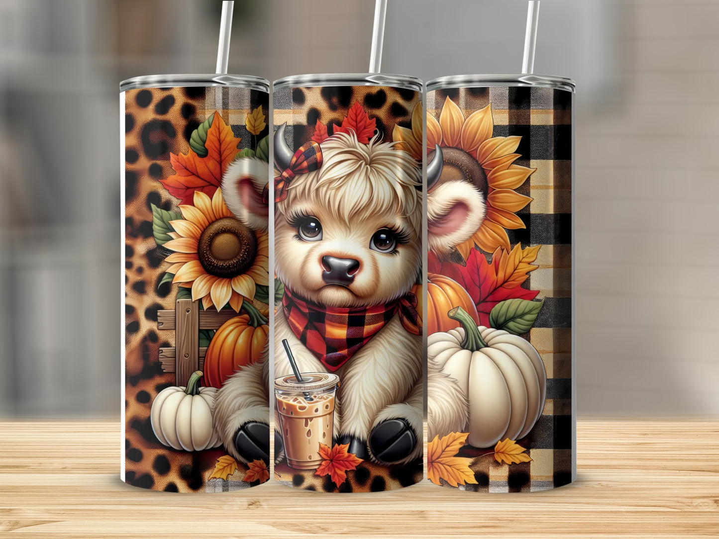 Fluffy cow with pumpkin spice latte and sunflowers on a checkered background.