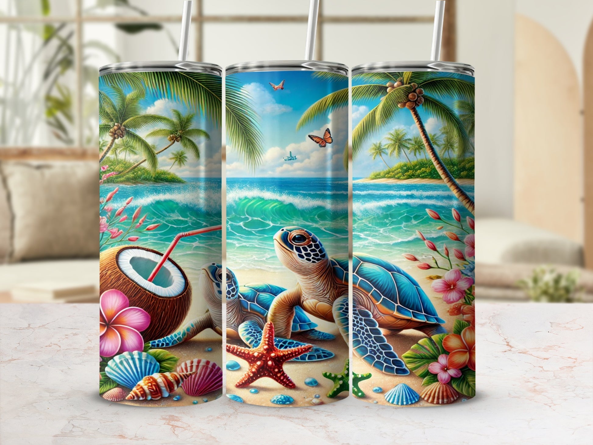 Tropical Beach Turtle and Coconut Tumbler Product