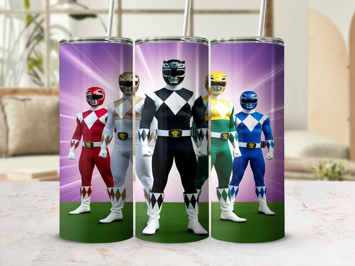 Five Power Rangers standing in a line, from left to right: Red, White, Black, Yellow, and Blue.