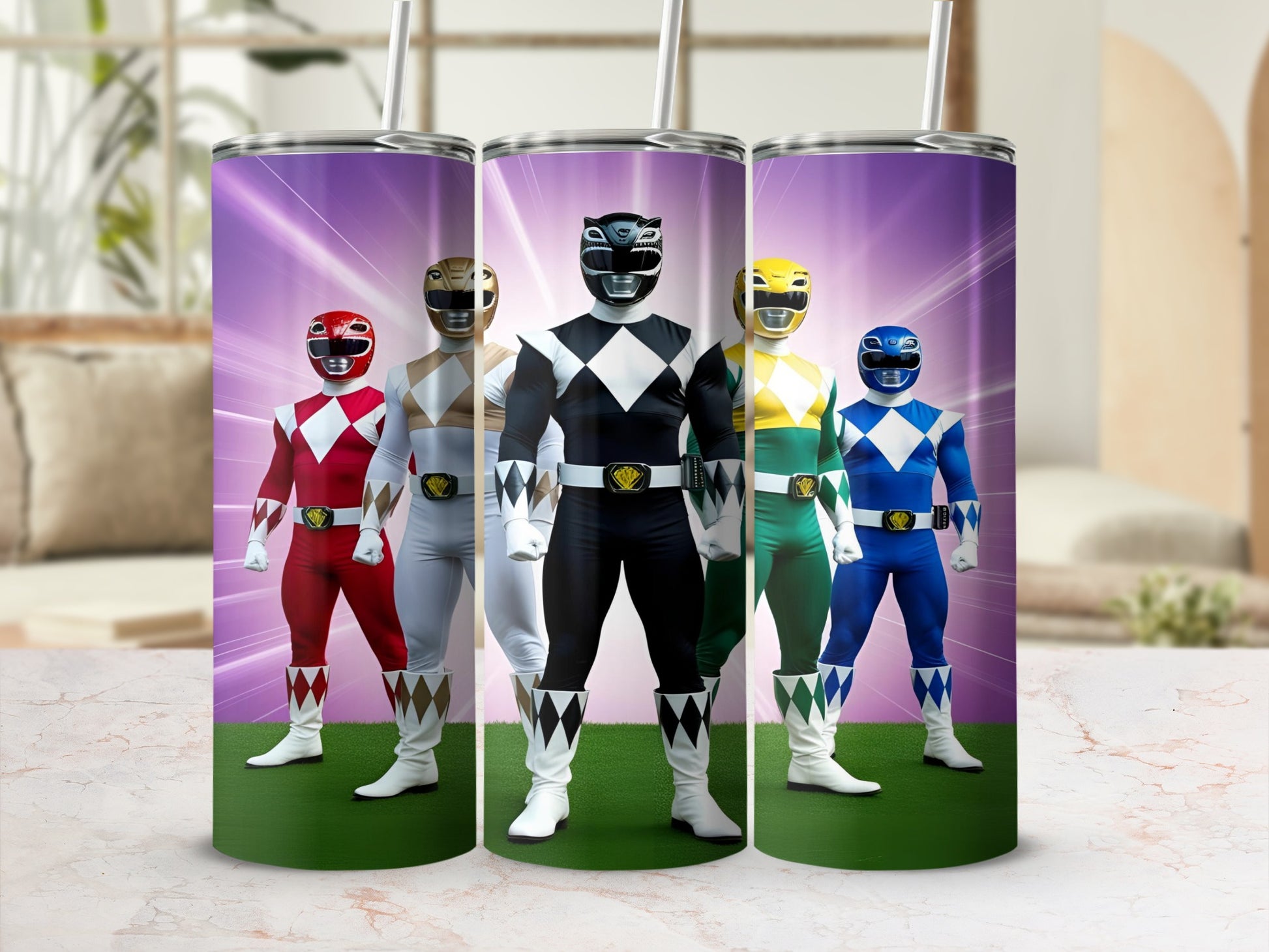 Five Power Rangers standing in a line, from left to right: Red, White, Black, Yellow, and Blue.