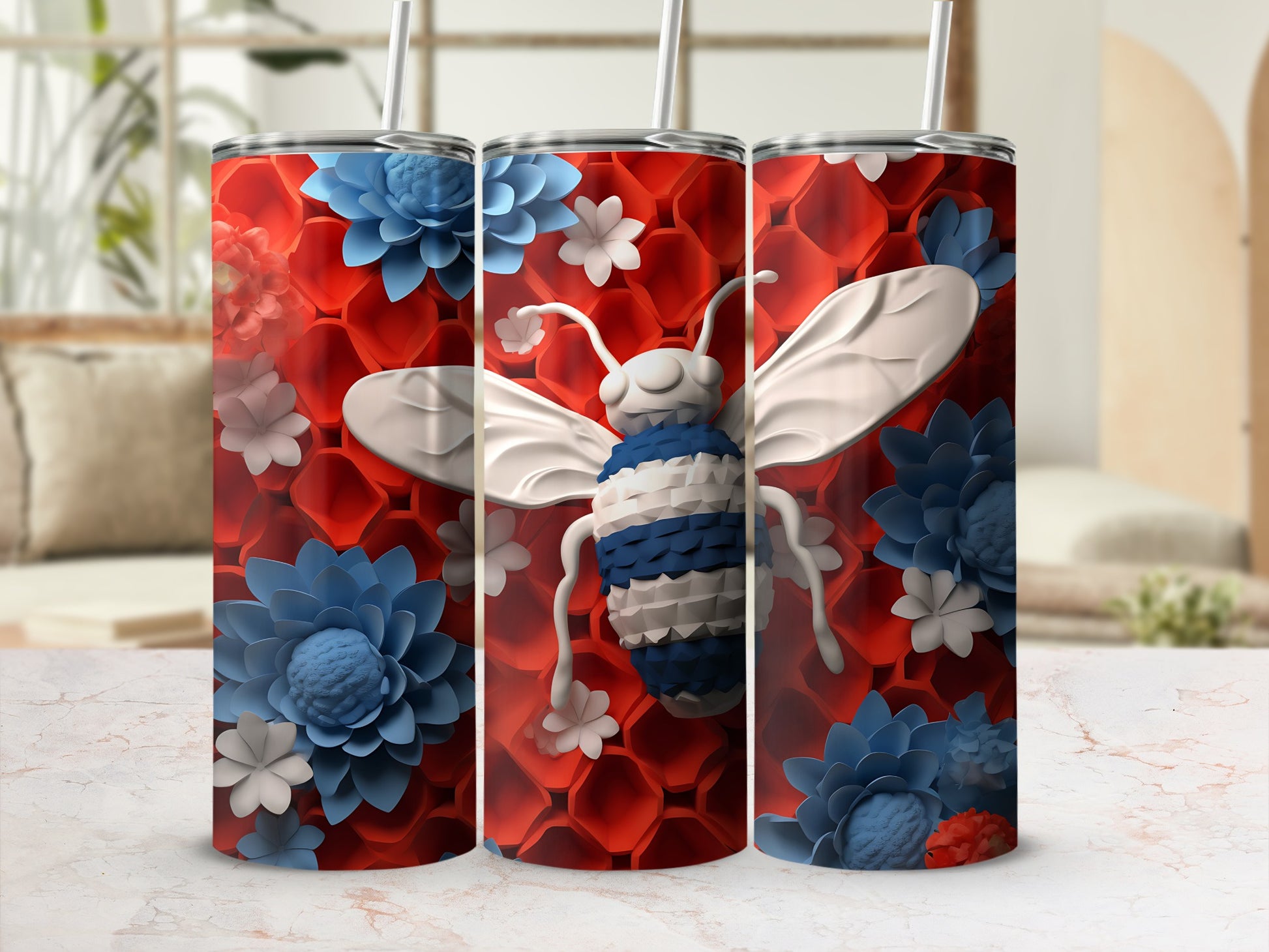 Tall tumbler with blue and white bee, red honeycomb, and blue flowers.