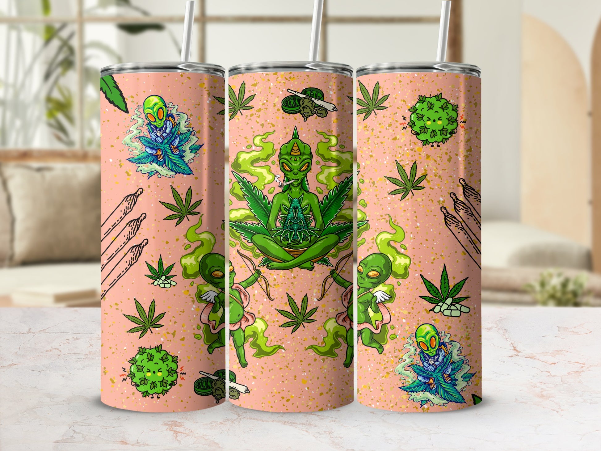 Alien and Weed Art Themed Tumbler with Straw