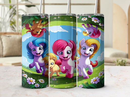 Three cartoon ponies, Pinkie Pie, Rainbow Dash, and Applejack, frolic in a grassy field.