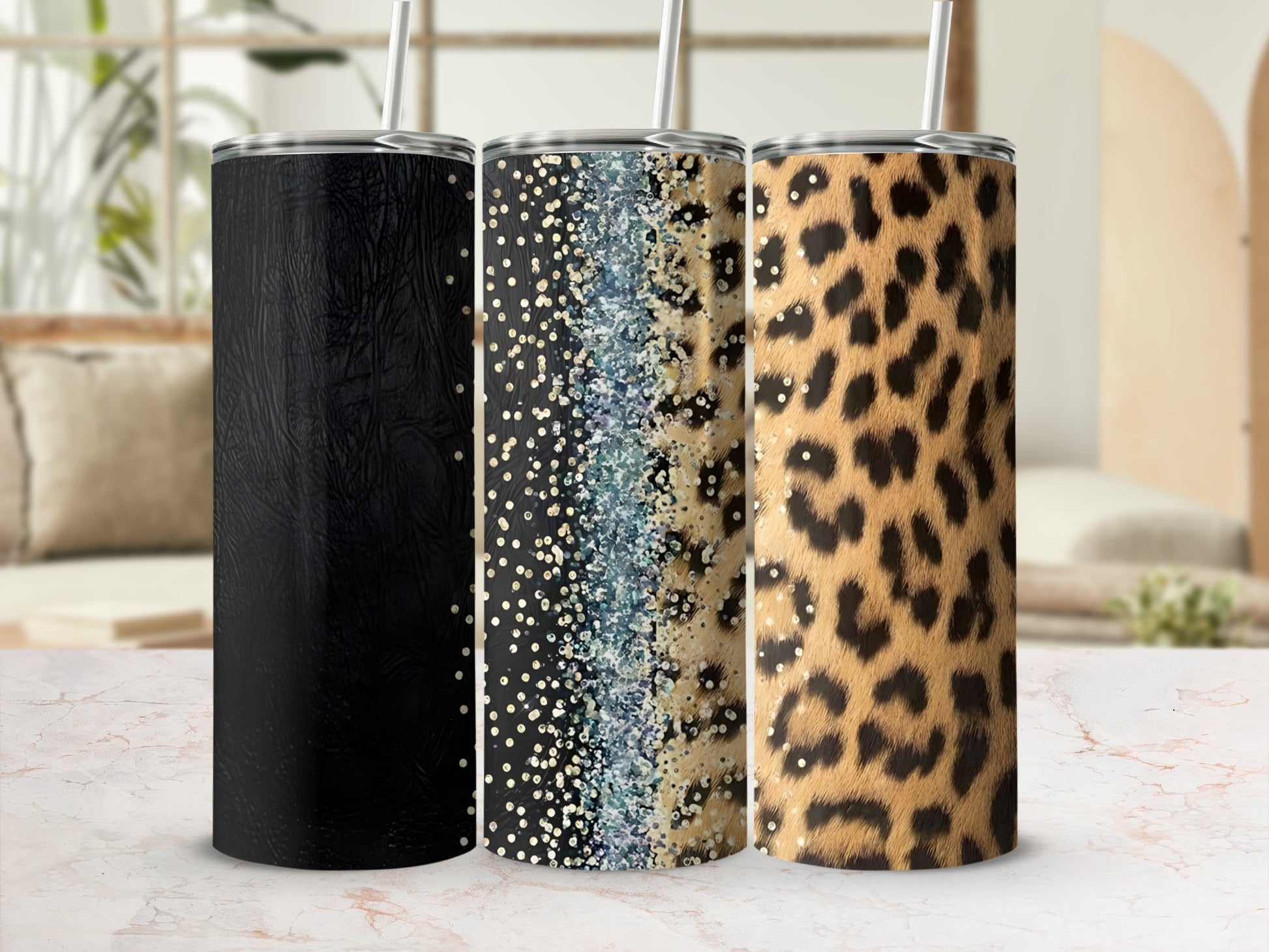 Three tumblers: black textured, glitter, and leopard print.