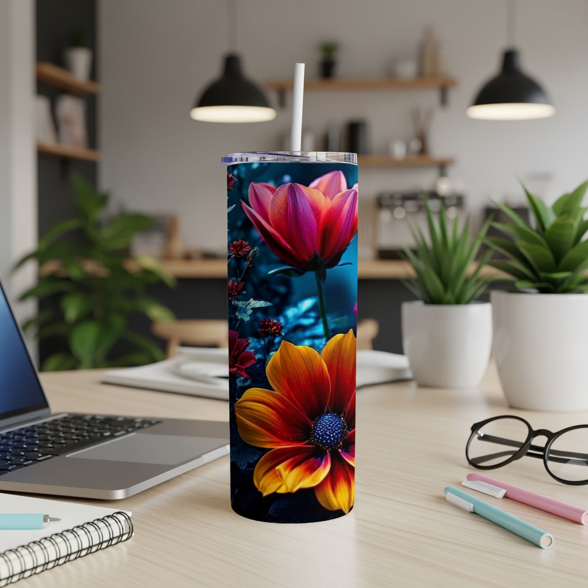 Tall tumbler with a floral design featuring red and yellow flowers.