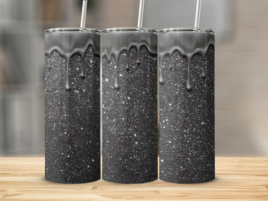 Black Glitter Drip Tumbler with Straw