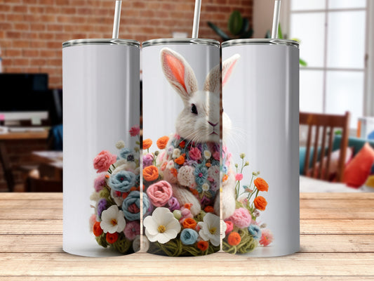 Adorable White Rabbit Colorful Floral Design Tumbler