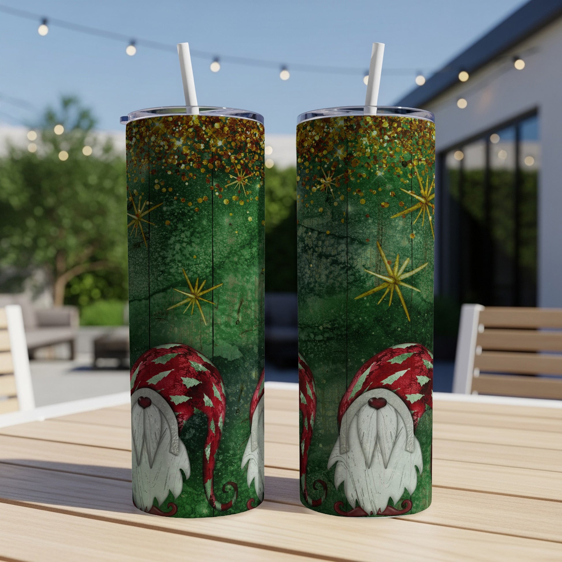 Two tumblers with green, sparkly Christmas gnome design.