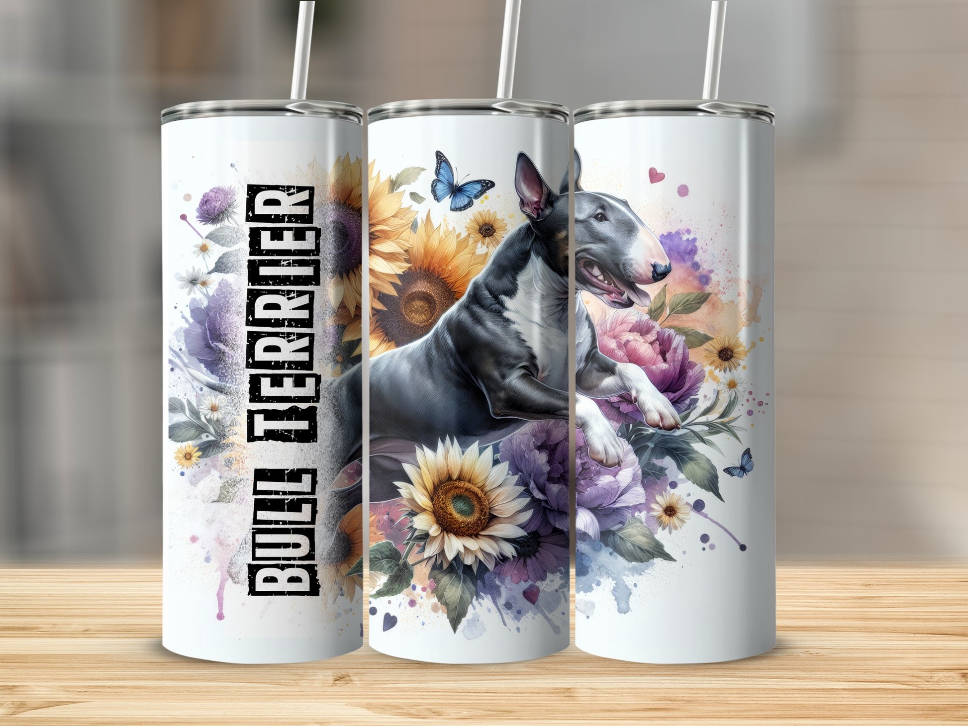 Bull Terrier dog with flowers and butterflies on a white tumbler.