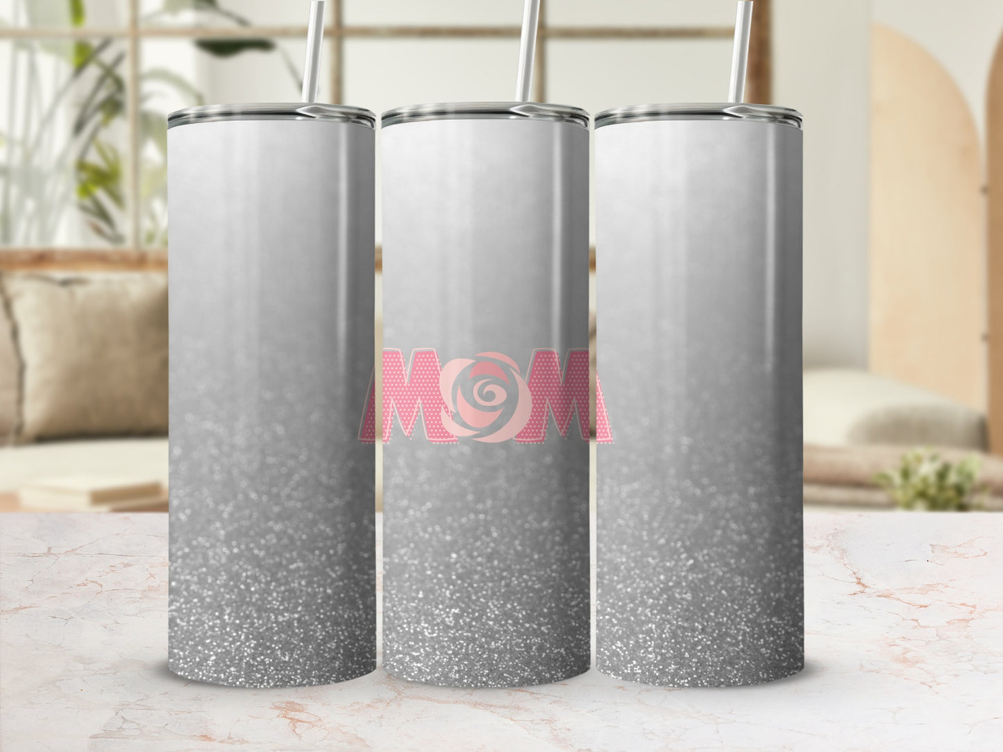 Silver glitter gradient tumbler with pink "Mom" text and rose design.