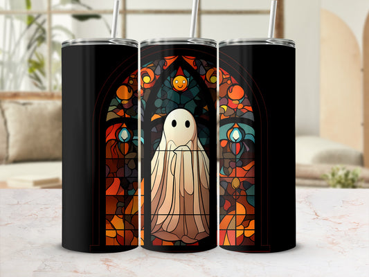Black tumbler featuring a stained-glass ghost design.