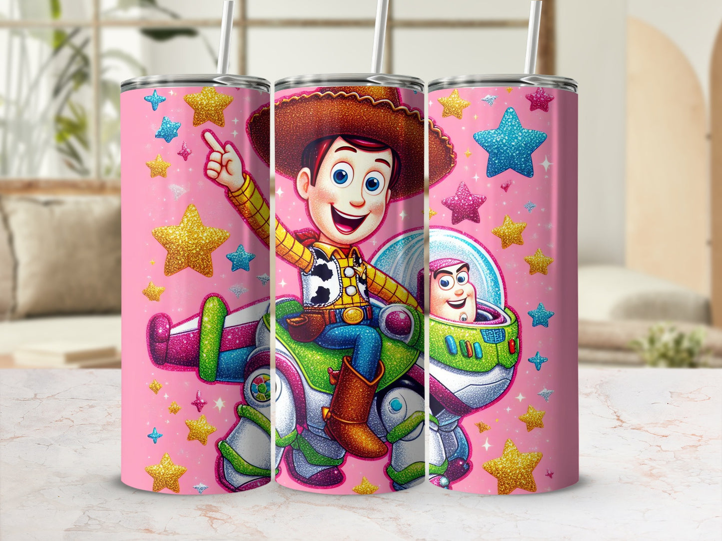 Pink Glittery Stars Toy Story Tumbler for Kids