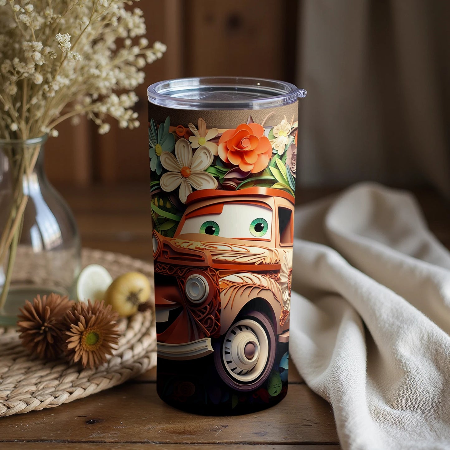 Vintage Car Themed Floral Print Tumbler
