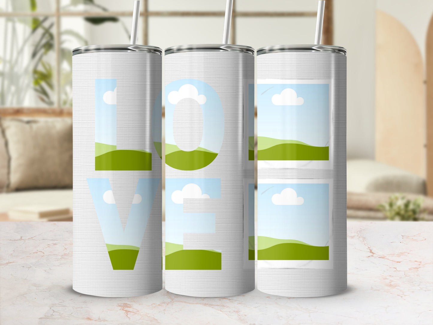 Tumblers with letters spelling LOVE and landscape image placeholders.