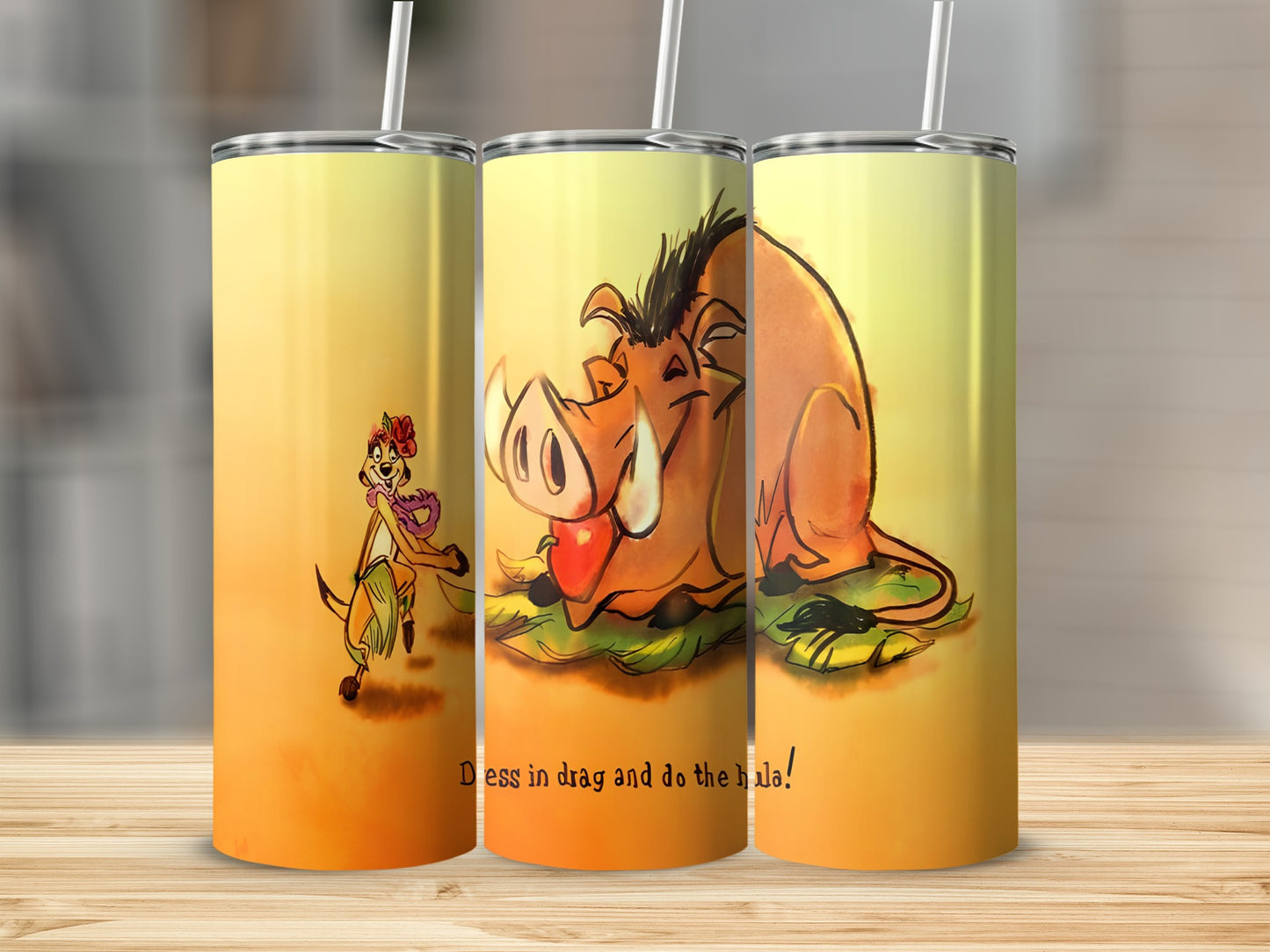 Timon and Pumbaa from The Lion King with a hula skirt and apple, "Dress in drag and do the Hula!"