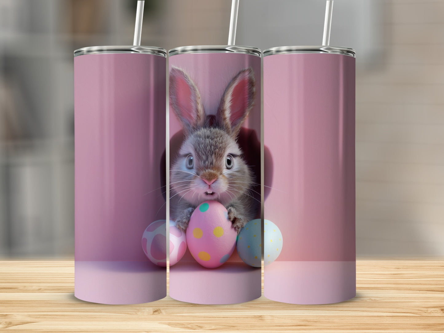 Pink tumbler with cute Easter bunny and painted eggs.