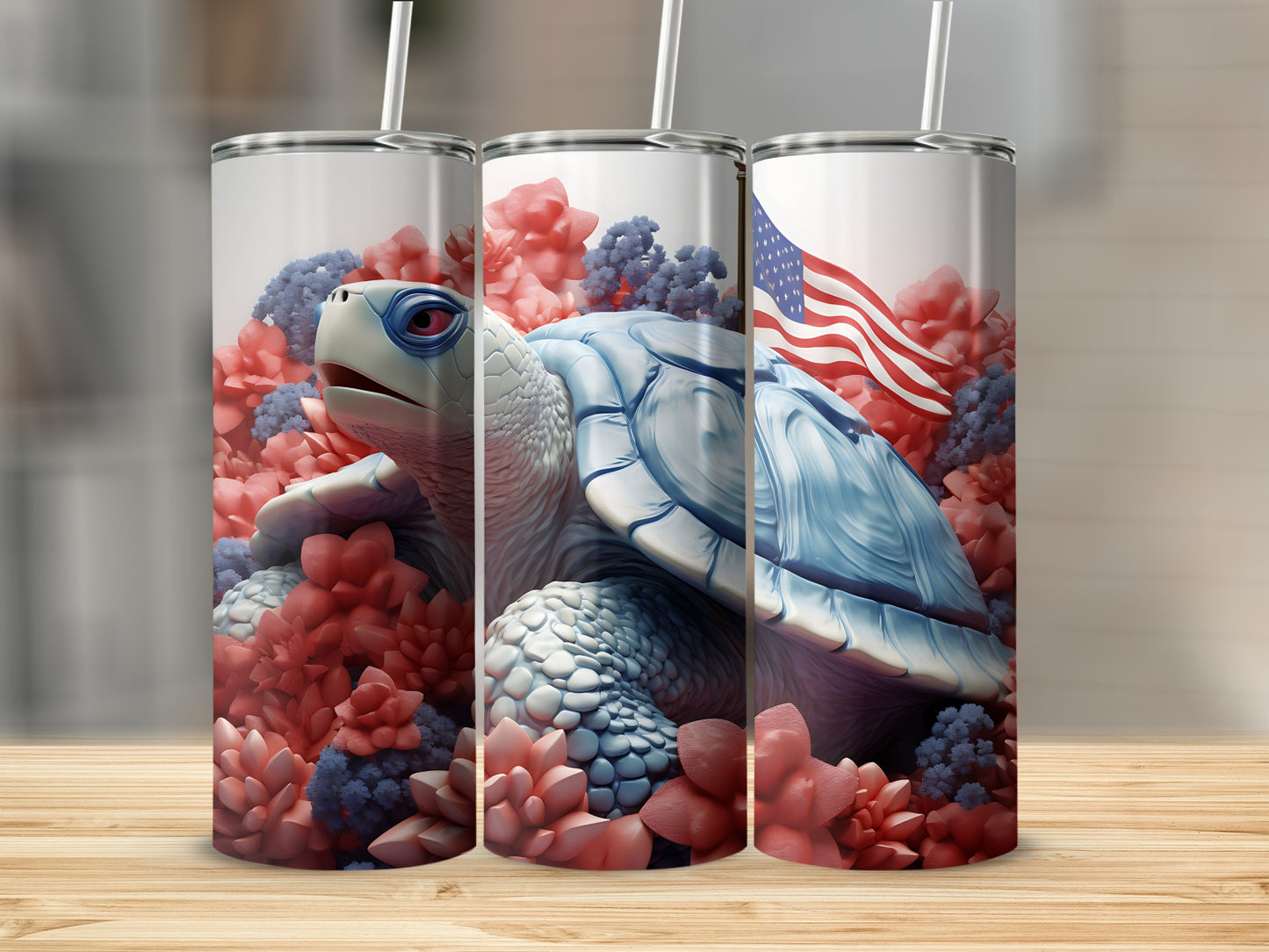 Turtle surrounded by red and blue flowers with an American flag.