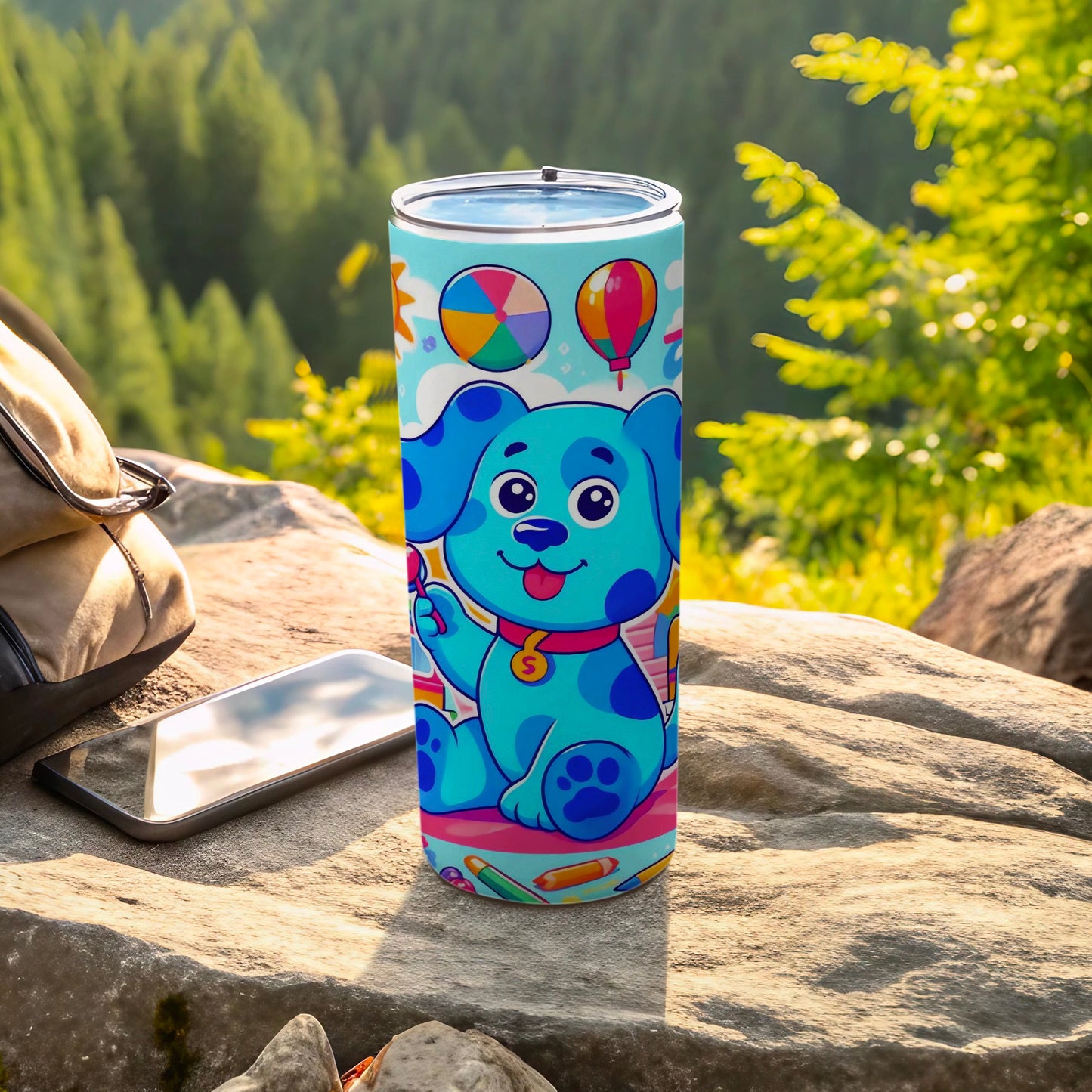 Cute Blue Cartoon Dog with Hot Air Balloons Tumbler